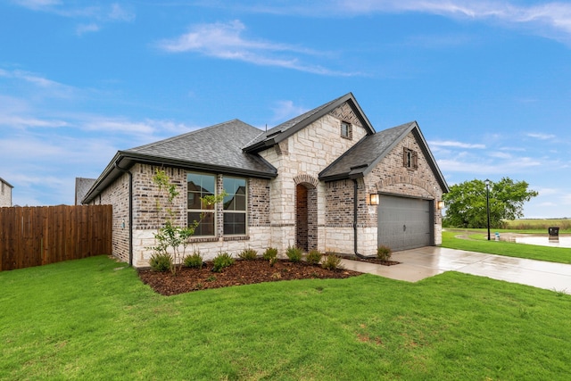 french country home with brick siding, fence, a shingled roof, stone siding, and concrete driveway