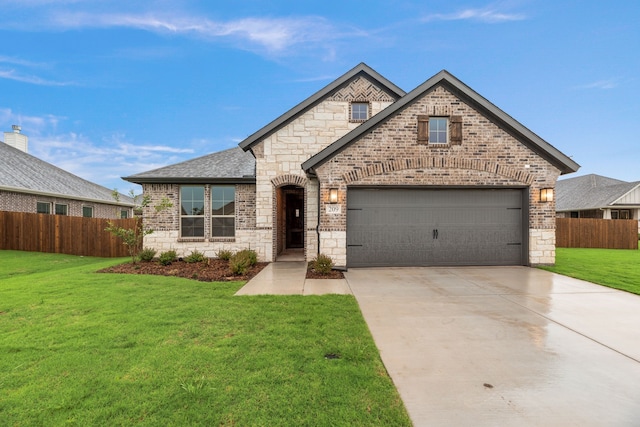 french country home with brick siding, fence, stone siding, a front lawn, and concrete driveway
