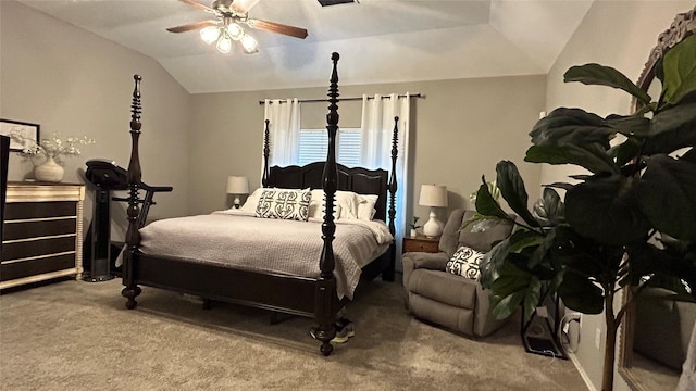 bedroom with lofted ceiling, carpet flooring, and ceiling fan