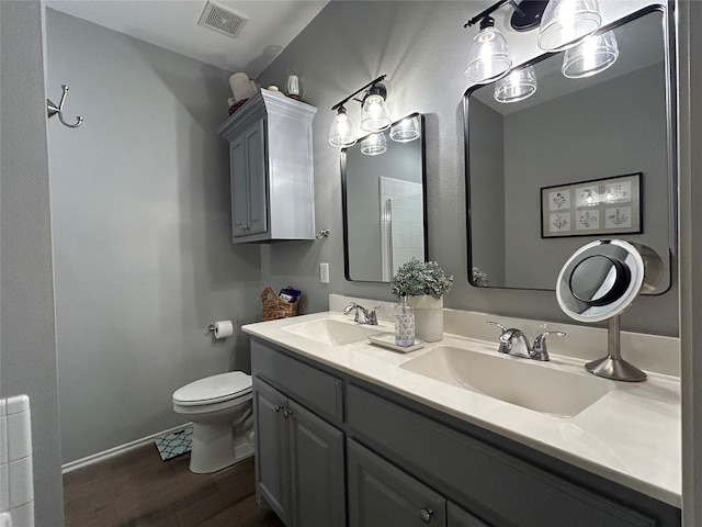 bathroom featuring vanity, wood-type flooring, and toilet