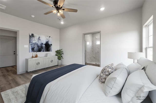 316 Clubview Dr, Bowie, TX 76230 - bedroom featuring wood finished floors, ensuite bathroom, baseboards, ceiling fan, and recessed lighting