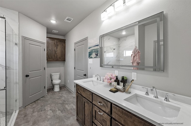 316 Clubview Dr, Bowie, TX 76230 - bathroom featuring a marble finish shower, toilet, visible vents, and a sink