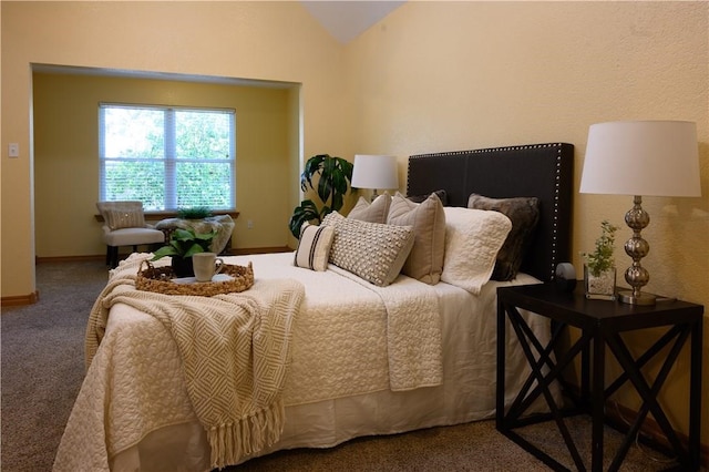 bedroom featuring carpet flooring and vaulted ceiling