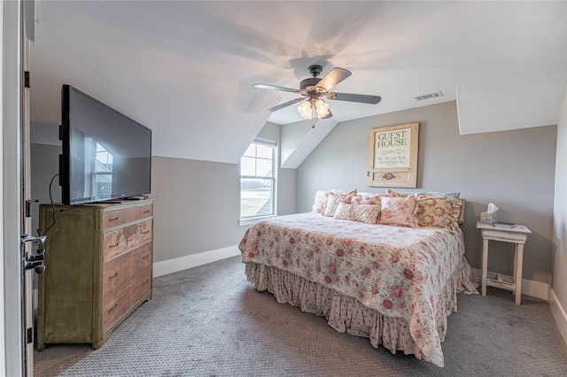 bedroom with carpet flooring, ceiling fan, and vaulted ceiling