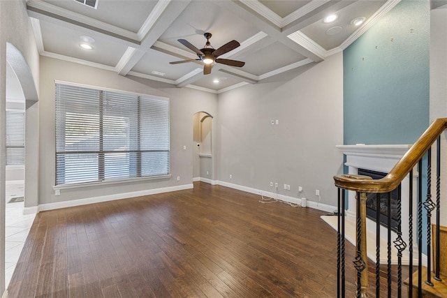 unfurnished room with dark hardwood / wood-style flooring, coffered ceiling, ceiling fan, crown molding, and beam ceiling