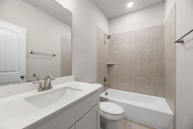 bathroom featuring recessed lighting, vanity, shower / bathtub combination, tile patterned floors, and toilet