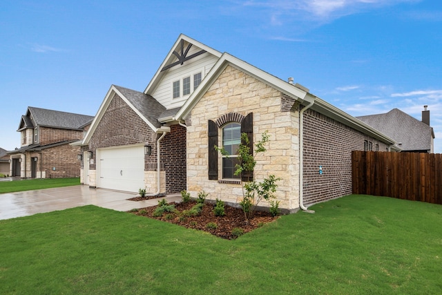 craftsman-style house featuring a front lawn, a garage, driveway, stone siding, and fence