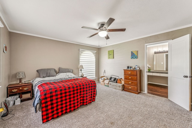 bedroom featuring carpet, ceiling fan, and crown molding