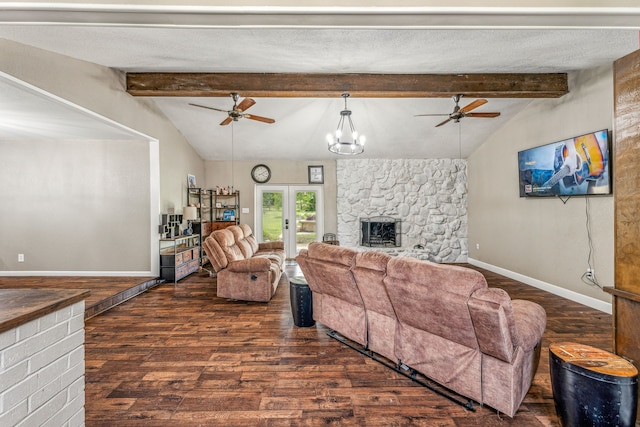 living room with french doors, dark wood-type flooring, a notable chandelier, a fireplace, and vaulted ceiling with beams