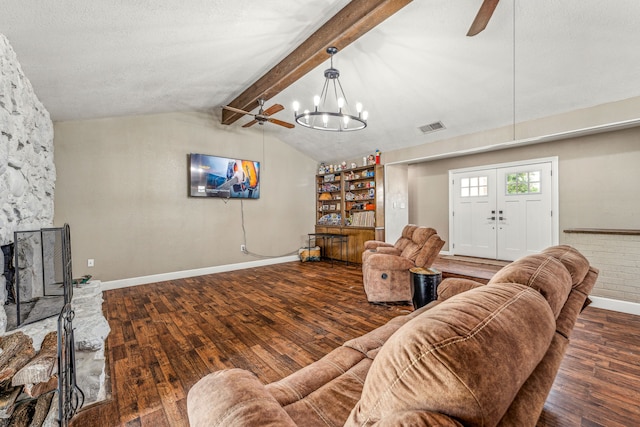 living room featuring french doors, dark hardwood / wood-style flooring, ceiling fan with notable chandelier, a textured ceiling, and lofted ceiling with beams