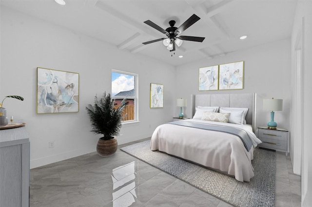 bedroom featuring coffered ceiling, beamed ceiling, and ceiling fan