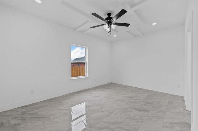 unfurnished room with ceiling fan, beamed ceiling, and coffered ceiling