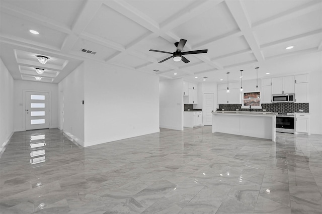 unfurnished living room featuring coffered ceiling and ceiling fan