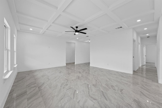 spare room with coffered ceiling, ceiling fan, and beam ceiling