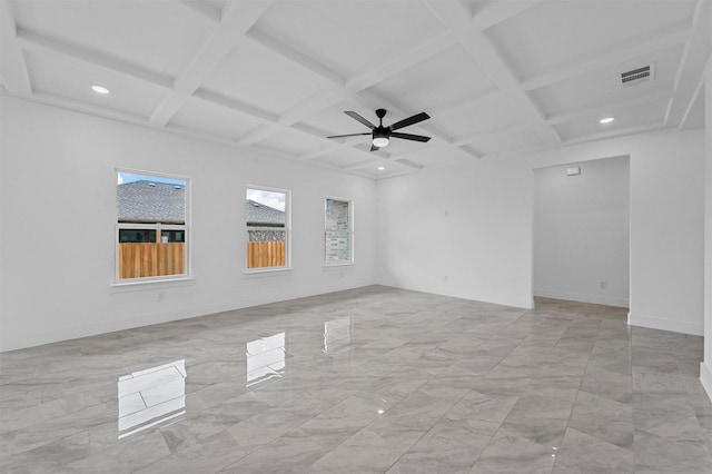 empty room with coffered ceiling, beamed ceiling, and ceiling fan