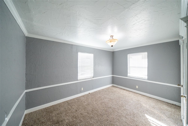 empty room with carpet floors, a healthy amount of sunlight, and ornamental molding