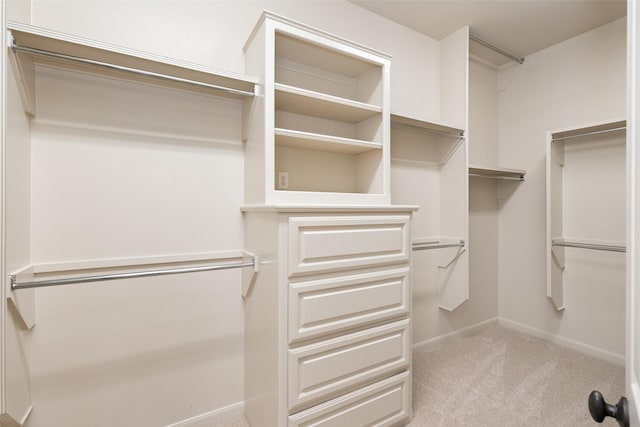 walk in closet with light colored carpet