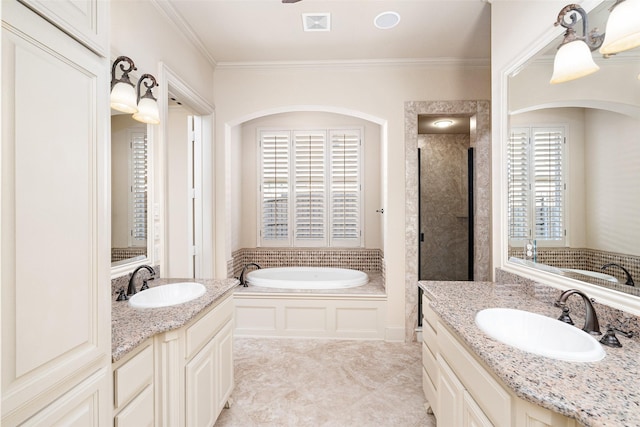 bathroom with ornamental molding, plus walk in shower, and vanity