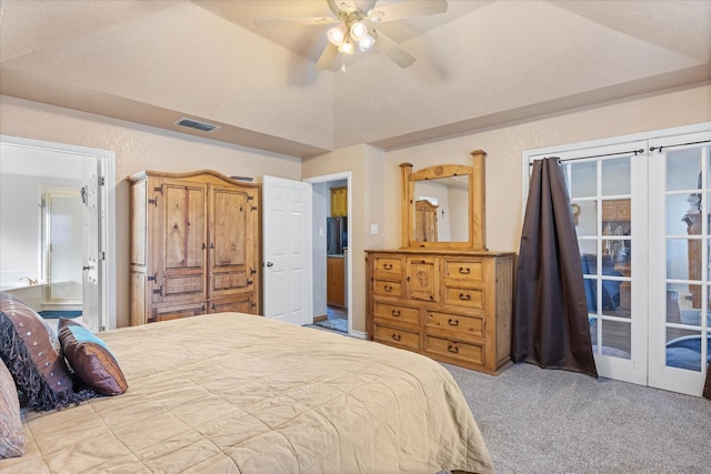 carpeted bedroom featuring french doors, ceiling fan, and lofted ceiling