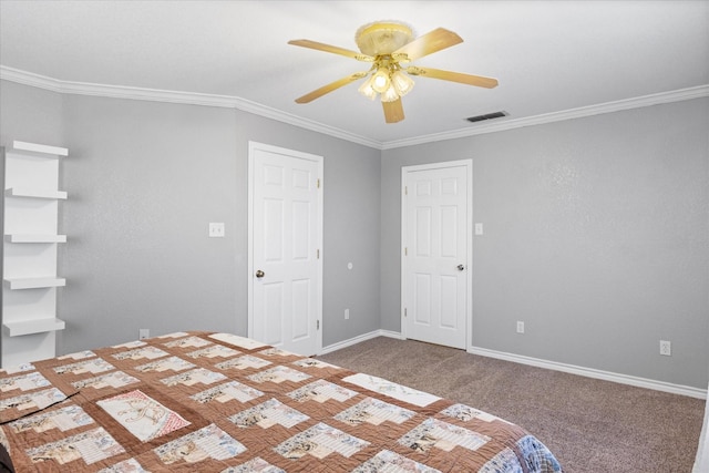 unfurnished bedroom with ceiling fan, ornamental molding, and carpet flooring