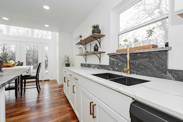 kitchen featuring dark wood-style floors, dishwashing machine, a healthy amount of sunlight, and a sink