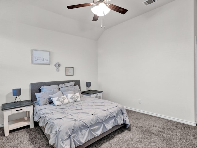 carpeted bedroom featuring ceiling fan and vaulted ceiling