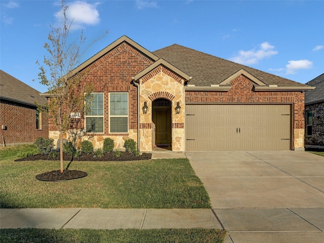 view of front of home with a front lawn and a garage