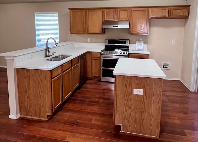 kitchen with dark hardwood / wood-style flooring, sink, kitchen peninsula, and range with two ovens