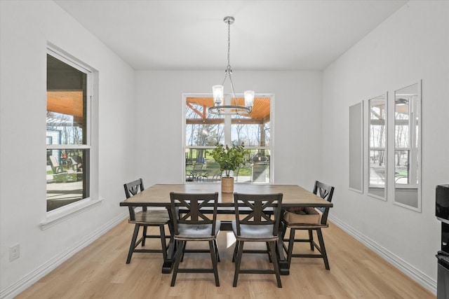 dining area with a notable chandelier, a healthy amount of sunlight, and light wood-type flooring