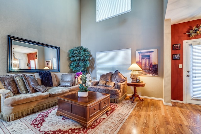 living room featuring a high ceiling, baseboards, and wood finished floors