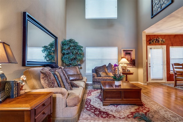 living room featuring a high ceiling, wood finished floors, and baseboards