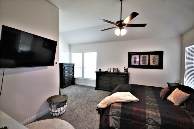 bedroom featuring carpet floors, ceiling fan, and lofted ceiling