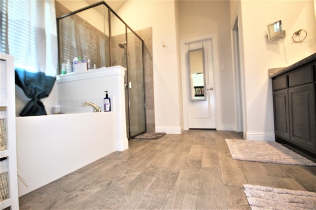 bathroom featuring hardwood / wood-style floors, vanity, and a shower with shower door