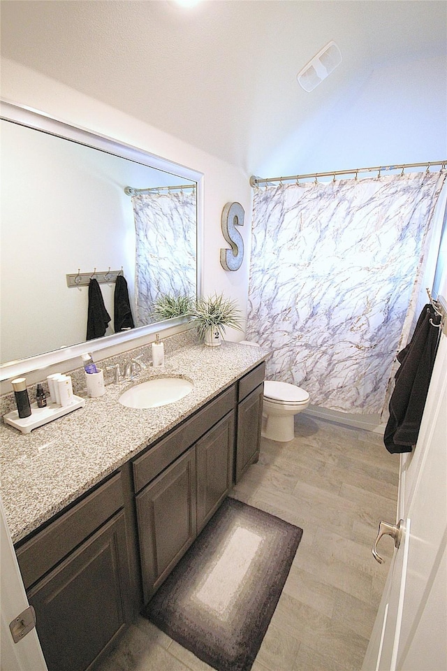 bathroom featuring hardwood / wood-style flooring, vanity, and toilet