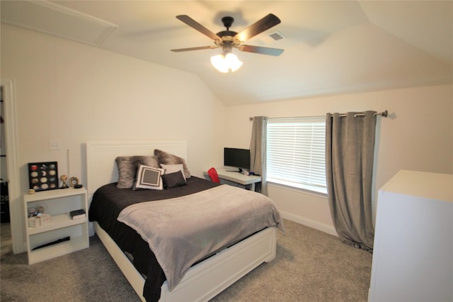 carpeted bedroom featuring ceiling fan and lofted ceiling