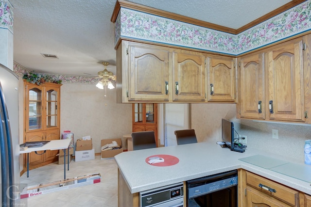 kitchen with kitchen peninsula, a textured ceiling, black dishwasher, and ceiling fan