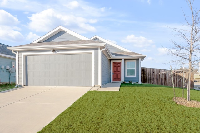 ranch-style home featuring a garage, concrete driveway, roof with shingles, fence, and a front lawn