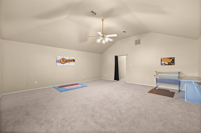 misc room with ceiling fan, carpet floors, and lofted ceiling