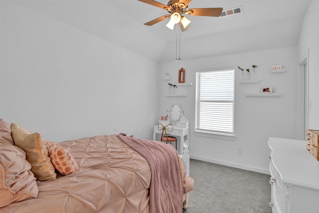 bedroom with ceiling fan, light carpet, and lofted ceiling