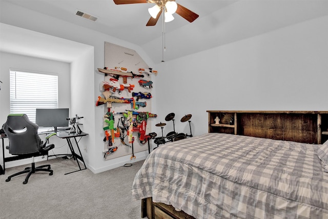 bedroom featuring light colored carpet, ceiling fan, and lofted ceiling