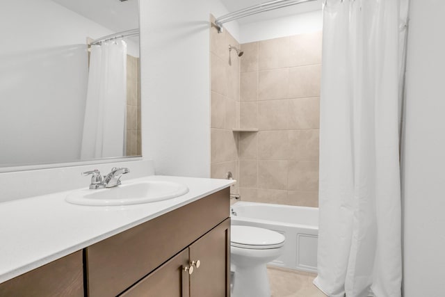 full bathroom featuring vanity, shower / bath combination with curtain, and toilet