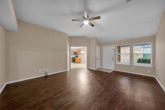 unfurnished living room with hardwood / wood-style flooring, ceiling fan, and lofted ceiling