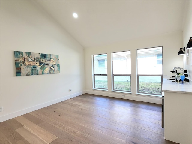 living room featuring high vaulted ceiling and light hardwood / wood-style flooring