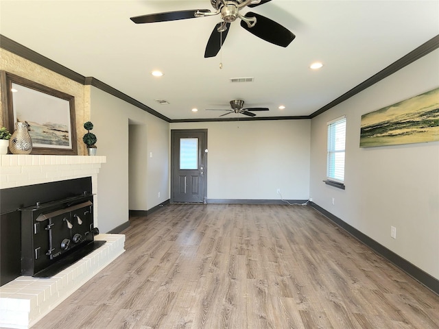 unfurnished living room featuring light wood-type flooring, ceiling fan, and ornamental molding