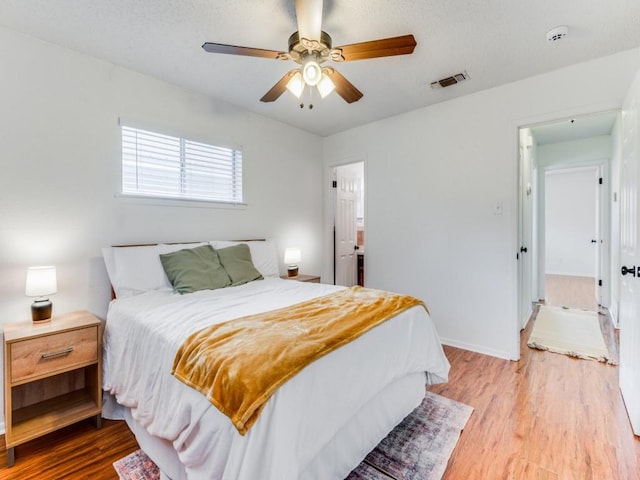 bedroom featuring ceiling fan and light wood-type flooring