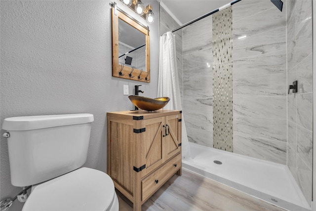 bathroom with toilet, vanity, and a shower with shower curtain