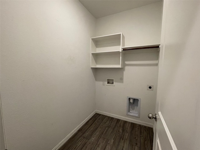 clothes washing area with dark hardwood / wood-style flooring, hookup for a washing machine, hookup for a gas dryer, and hookup for an electric dryer