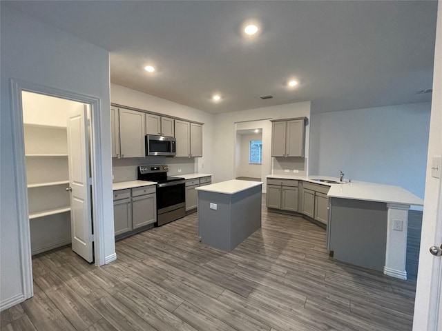 kitchen with dark hardwood / wood-style floors, sink, gray cabinetry, a center island, and stainless steel appliances