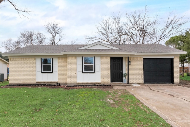 ranch-style house with a garage, central AC unit, and a front lawn