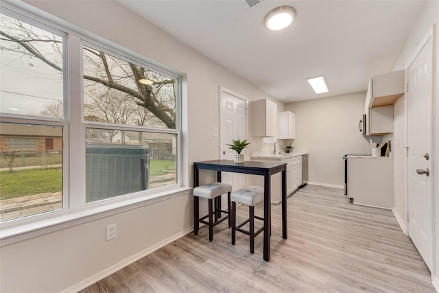 kitchen featuring stainless steel dishwasher, sink, and light hardwood / wood-style flooring